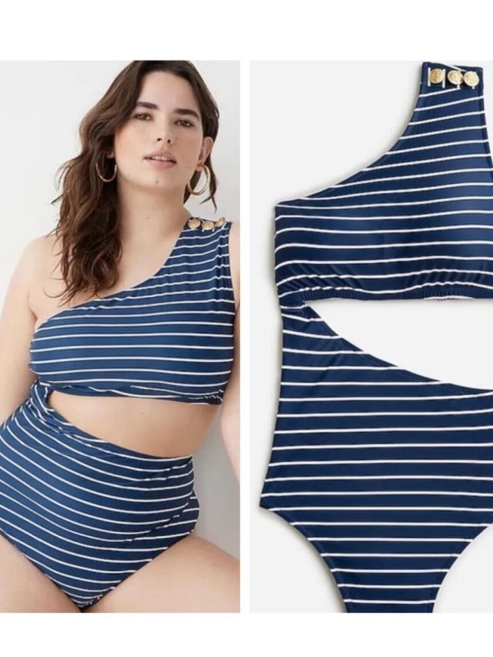 🆕 J. Crew Navy Asymmetrical One Piece Bikini Swimsuit Stripe Nautical 14